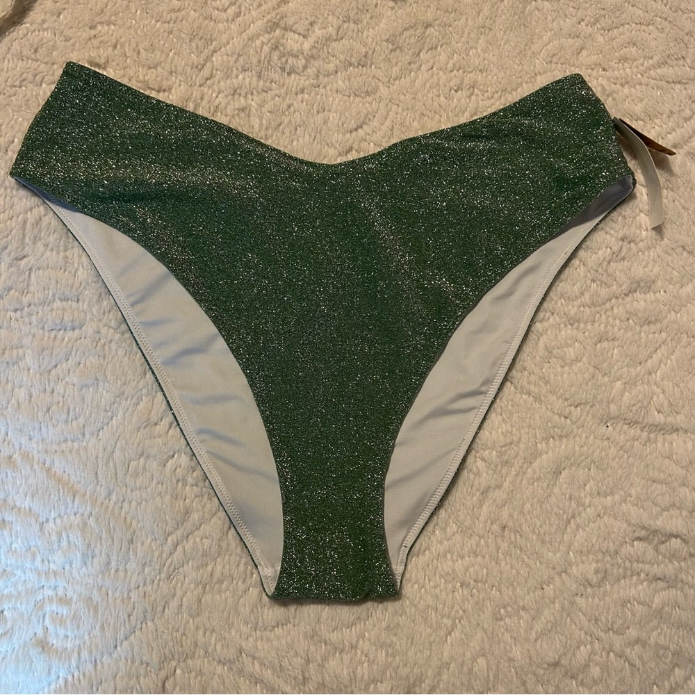 NWT PINK Victoria's Secret Glittery Sparkly Green Swim Bikini Bottom Sz XLarge